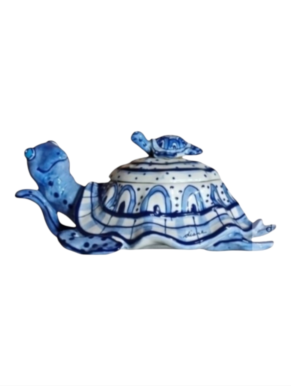Diane Artware Hand-Painted Blue Ceramic Turtle Trinket Box with Lid